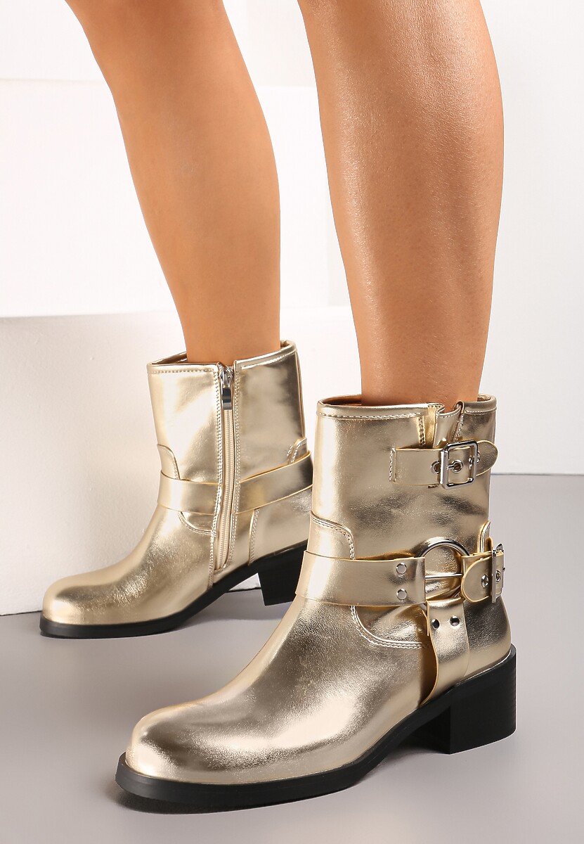 Złote Botki Bikery Ozdobione Paskami i Okrągłą Klamrą Warasa