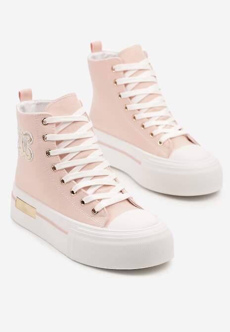 Różowe Trampki na Platformie z Wysoką Cholewką i Naszywką Nurissea