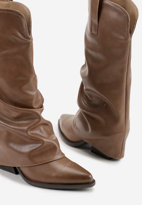 Brązowe Kozaki Kowbojki na Stożku z Wywiniętą Marszczoną Cholewką Escana