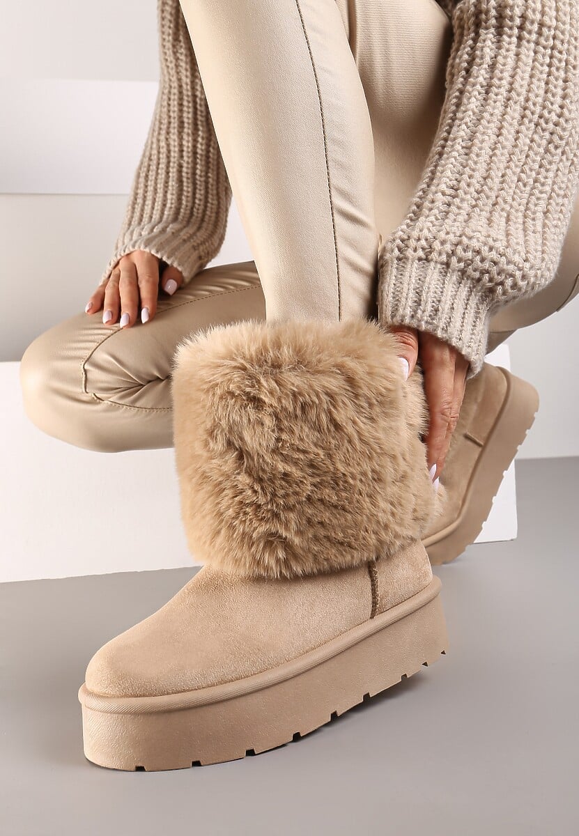 Ciemnobeżowe Śniegowce na Grubej Podeszwie Ozdobione Futerkiem Naolani