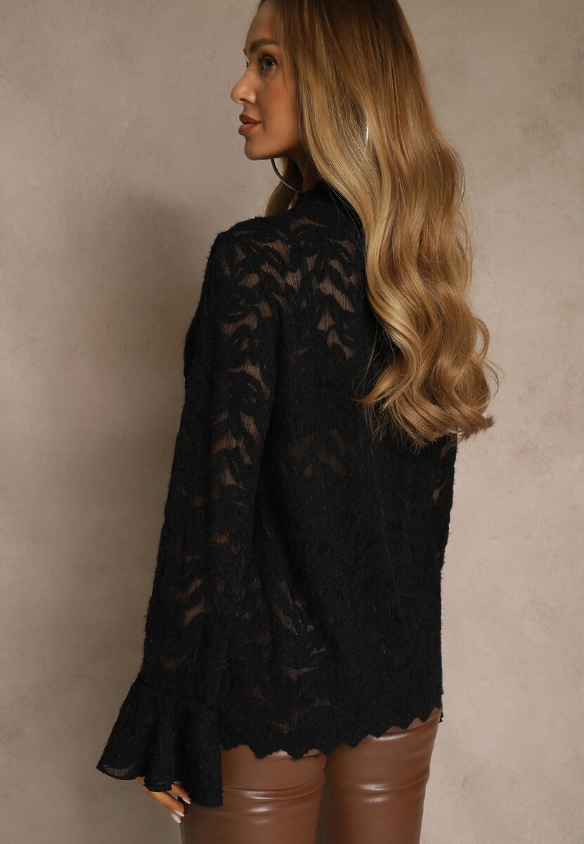 Czarna Bluzka z Koronki ze Stójką i Falbankami przy Rękawach Nemira