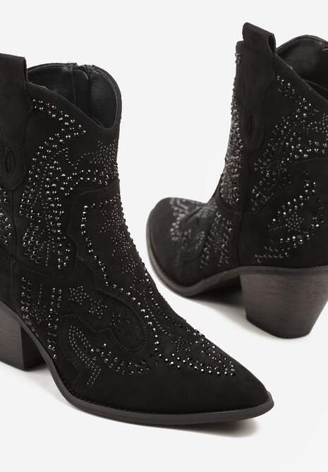 Czarne Kowbojki Botki Ozdobione Cyrkoniami na Stożkowym Słupku Tulmira