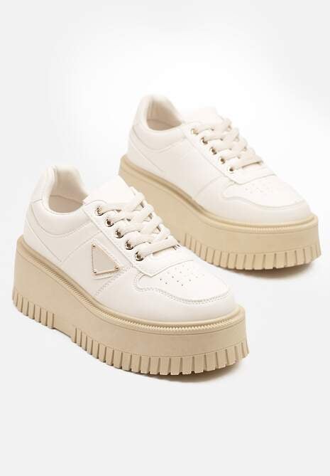 Beżowe Sneakersy na Platformie z Tłoczeniem Halinea