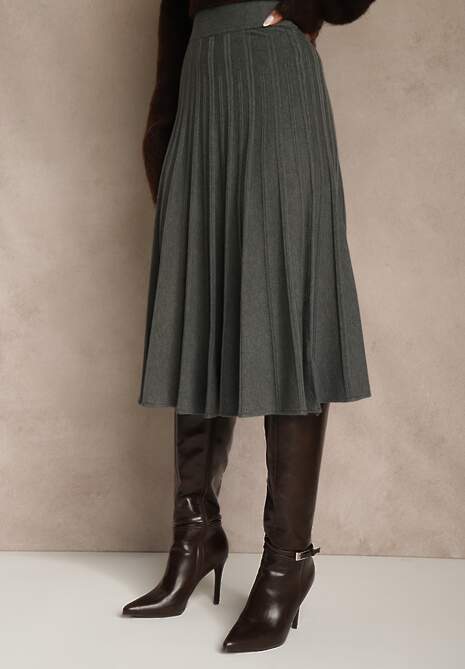Ciemnoszara Dzianinowa Spódnica Plisowana o Rozkloszowanym Kroju Tuswia