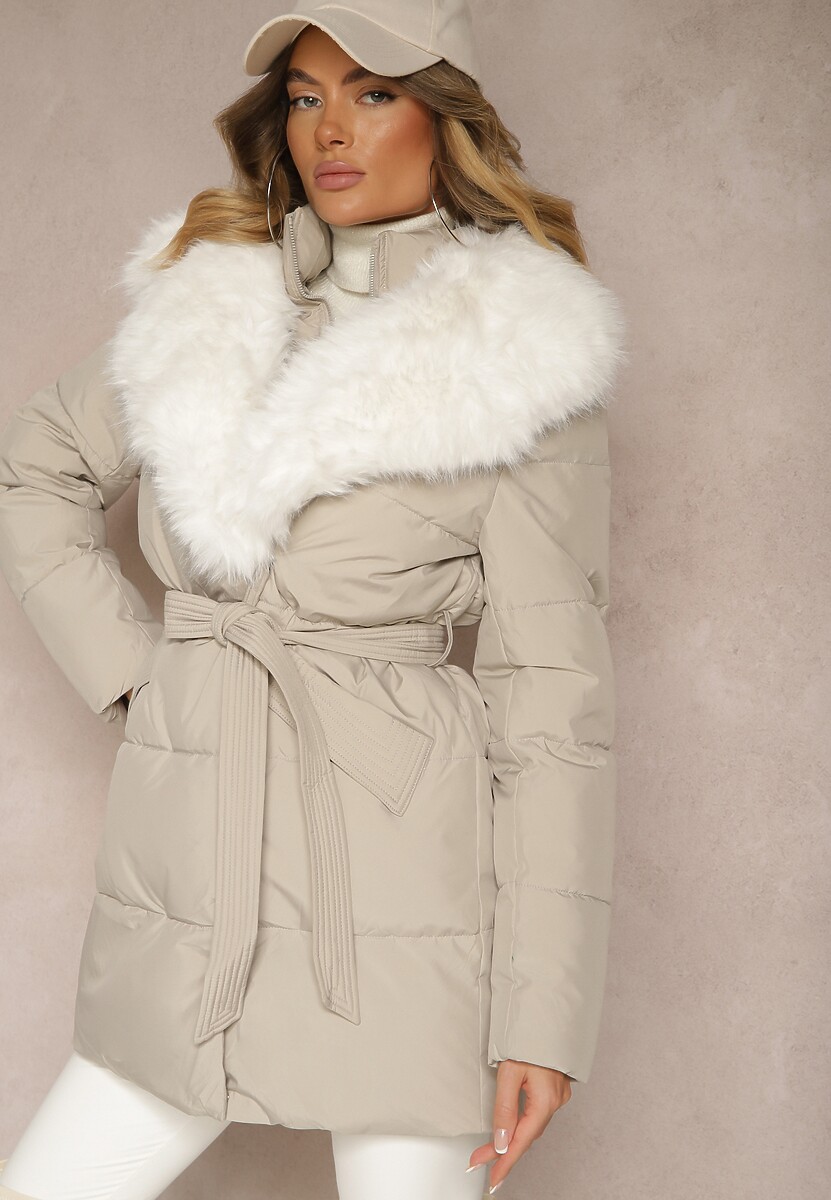 Zielona Kurtka Ozdobiona Pikowaniem Odpinanym Kołnierzem z Futerkiem i Paskiem Edanora