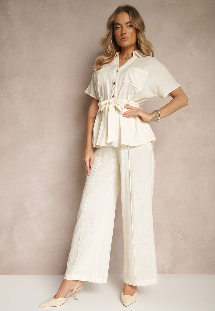 Jasnobeżowy Komplet z Wiskozy o Kroju Oversize Spodnie i Koszula z Paskiem Normell