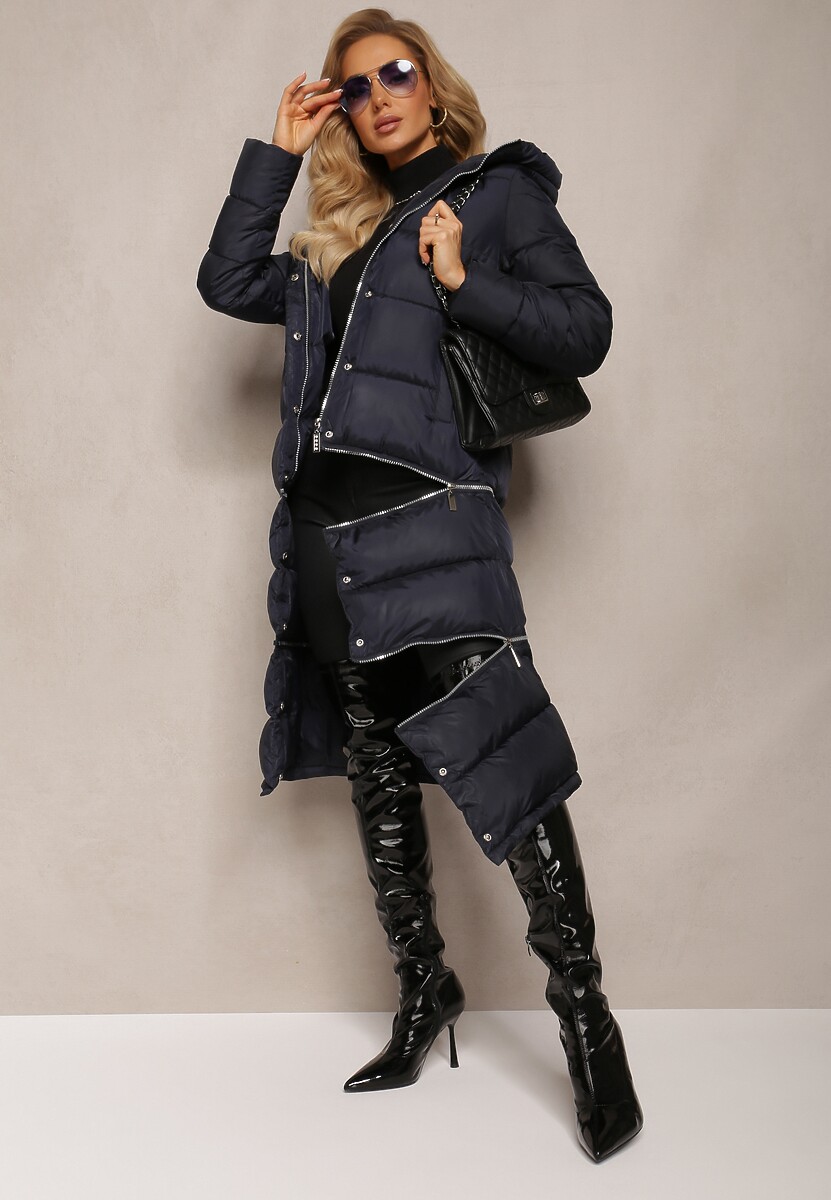 Granatowa Pikowana Kurtka Płaszcz z Kapturem i Regulowaną Długością Tirilele