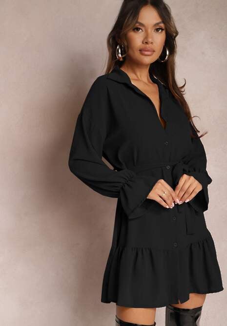 Czarna Koszulowa Sukienka Mini z Falbanką i Wiązanym Paskiem Blisotta