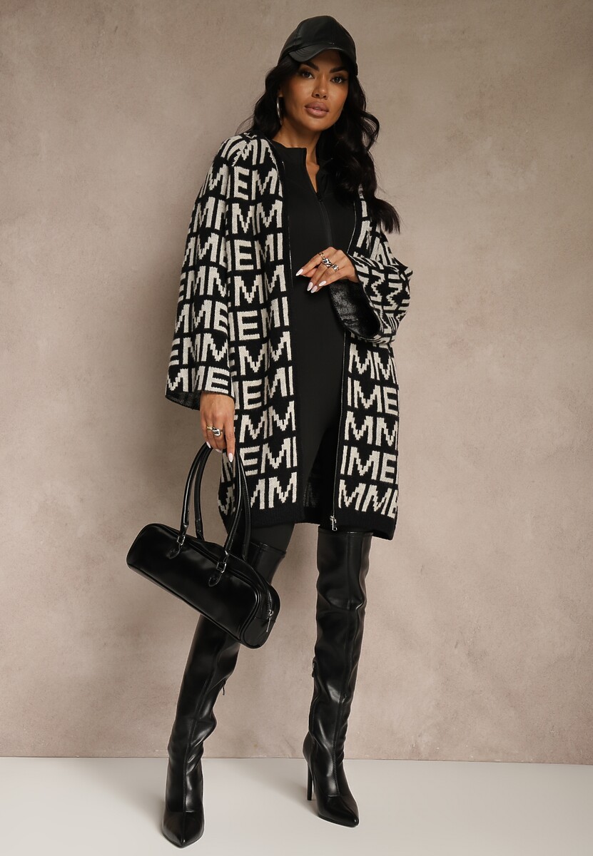 Czarno-Biały Kardigan na Suwak z Kapturem w Literowy Wzór Calitusa