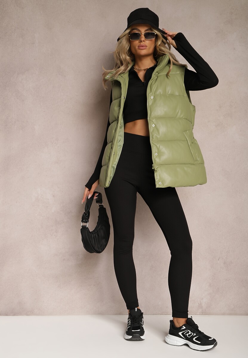 Zielona Kamizelka Pikowana z Wiązanym Paskiem z Ekoskóry Sotochus