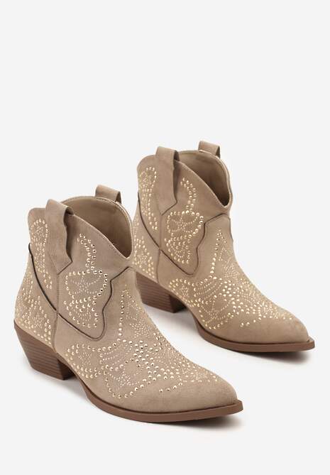 Ciemnobeżowe Krótkie Botki Typu Kowboki z Cyrkoniowym Zdobieniem Lalare