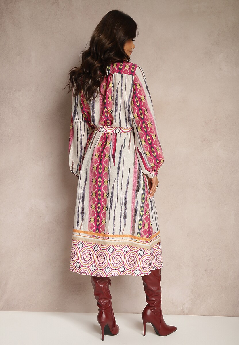 Fuksjowo-Beżowa Koszulowa Sukienka Wiązana w Talii Ozdobiona Abstrakcyjnym Wzorem Nilima