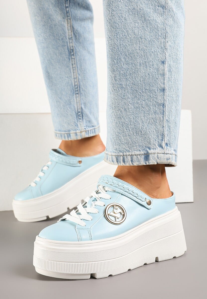 Niebieskie Sneakersy Vices na Platformie z Tłoczeniem Paskiem na Pięcie i Metaliczną Aplikacją Selfedi