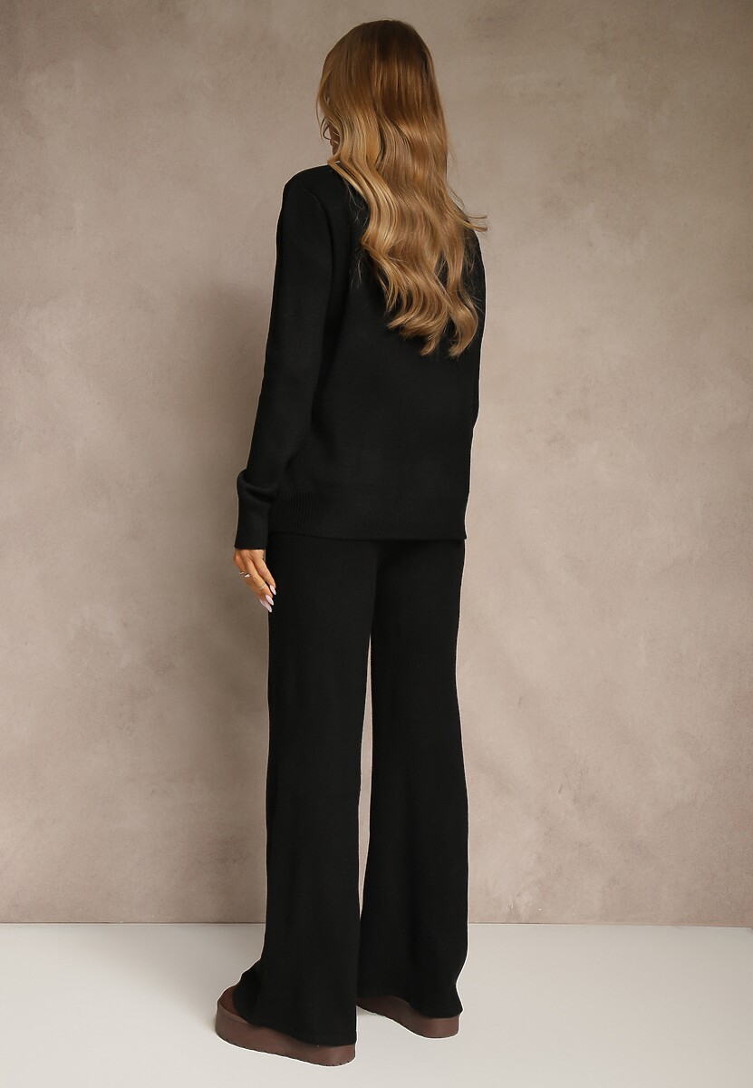 Czarny Komplet Dzianinowy z Wełną i Bawełną Szerokie Spodnie i Golf Lennria