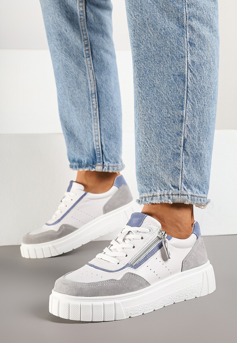 Biało-Szare Sneakersy ze Skóry Naturalnej z Ozdobnym Suwakiem Tilliraya