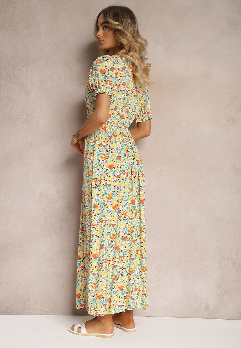 Pomarańczowa Wiskozowa Sukienka Wykończona Marszczeniem Rozcięciem na Nogę i Gumką w Pasie Missalene