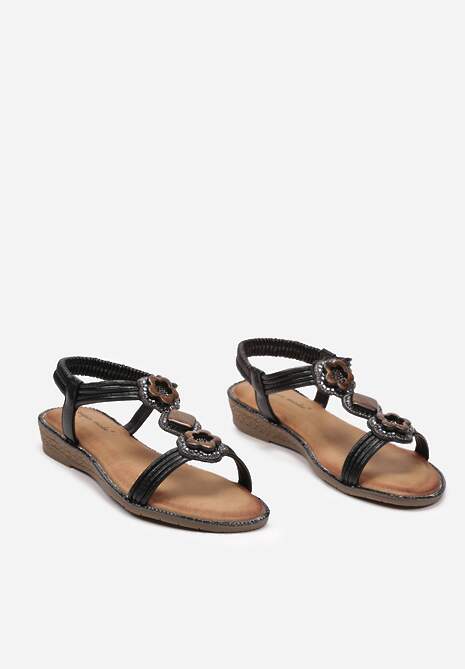 Czarne Sandały Boho z Plecionymi Paseczkami i Kryształkami Niusa