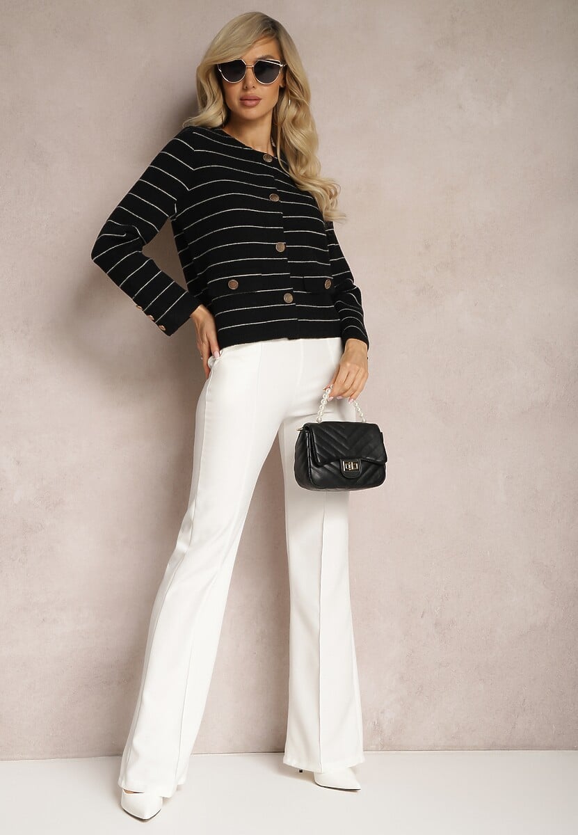 Czarny Wiskozowy Kardigan na Guziki w Paski Olessta