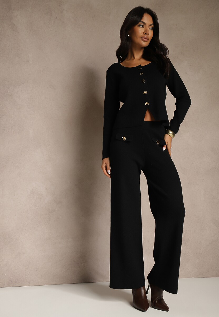 Czarny Elegancki Komplet z Dzianiny z Wiskozą Kardigan i Spodnie Delinavea