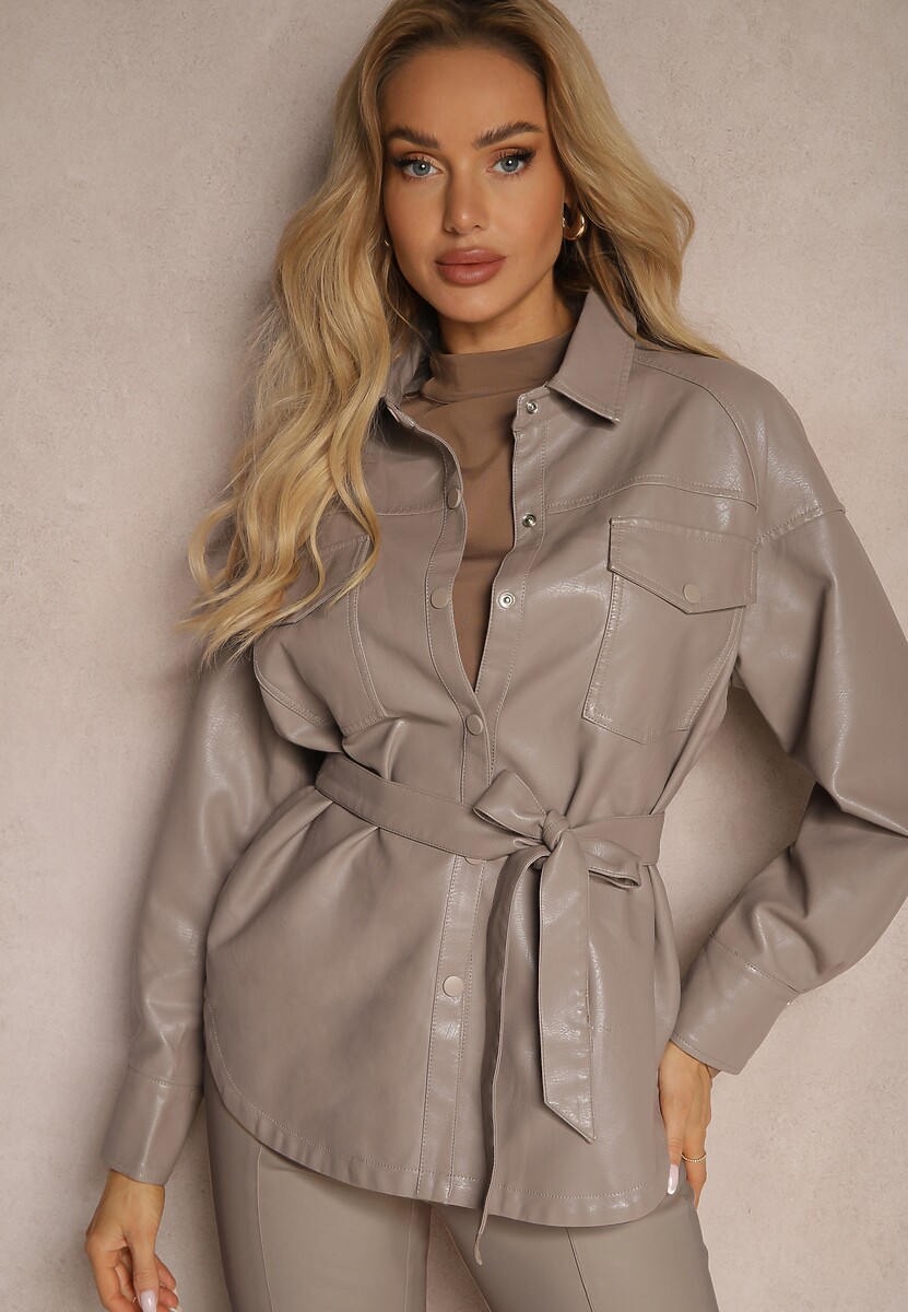 Ciemnobeżowa Kurtka Koszulowa z Imitacji Skóry Wiązana w Talii Velethia