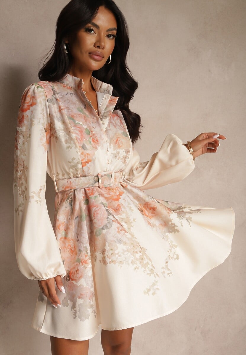 Beżowa Sukienka o Rozkloszowanym Kroju z Paskiem w Kwiaty Melvivis