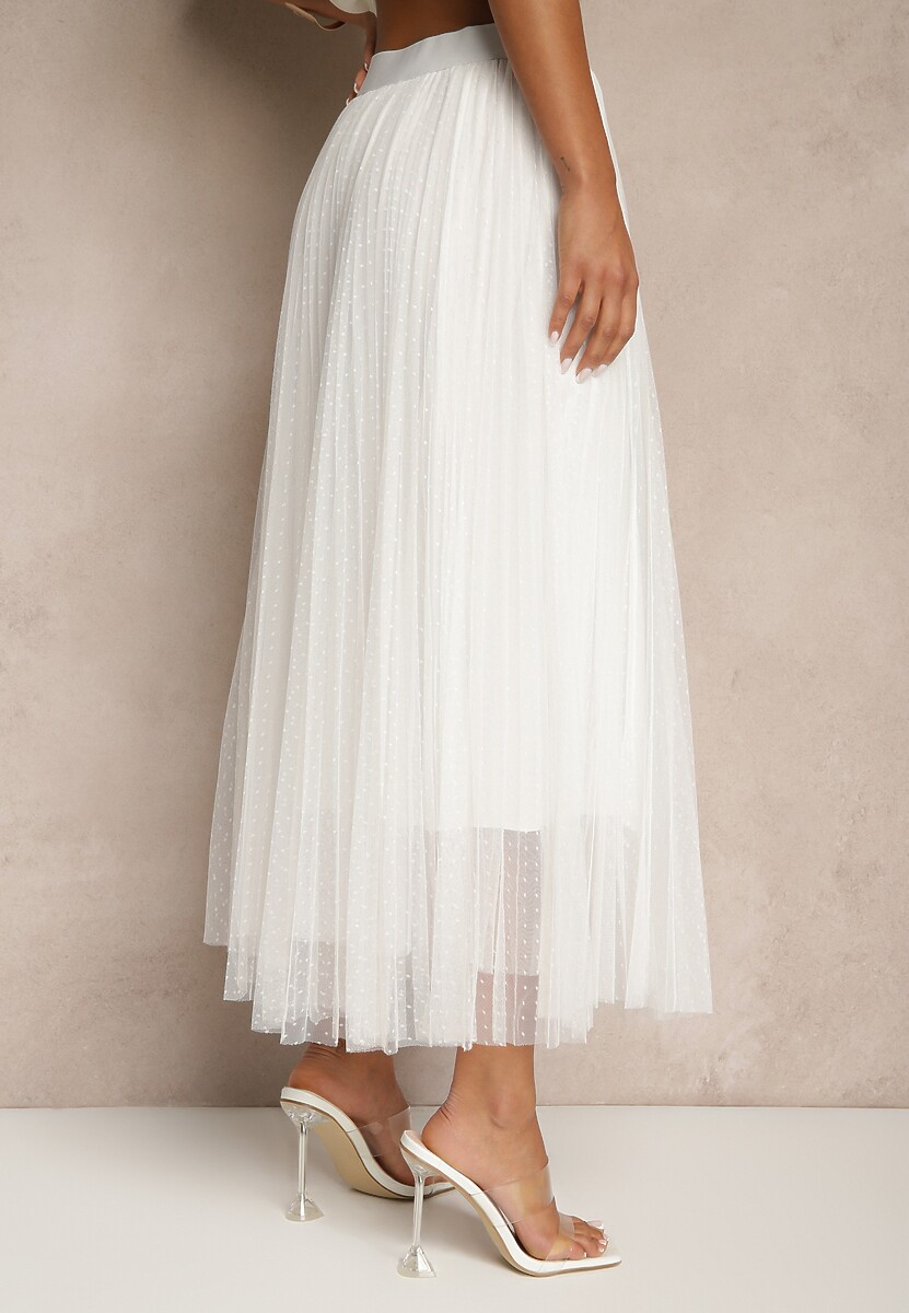 Biała Rozkloszowana Spódnica z Tiulu w Kropki Folemia
