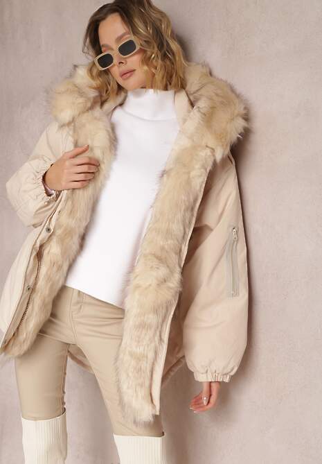 Beżowa Kurtka Parka Oversize z Futerkiem Horelle