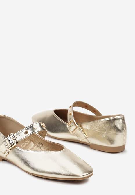 Złote Płaskie Balerinki w Stylu Mary Jane z Paskiem na Sprzączkę Zailaene