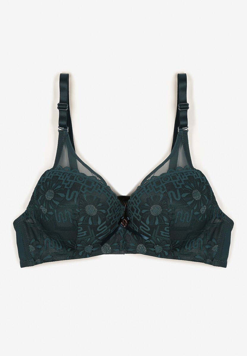 Ciemnozielony Biustonosz Ozdobiony Transparentnymi Wstawkami i Koronką Brannor