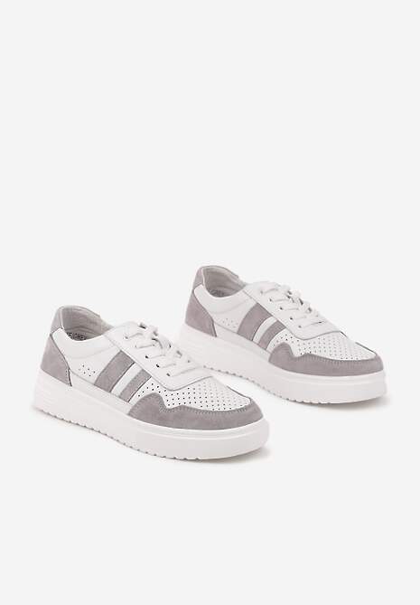 Biało-Szare Płaskie Sneakersy ze Skóry Naturalnej Ozdobione Paskami i Perforacją Floriwa