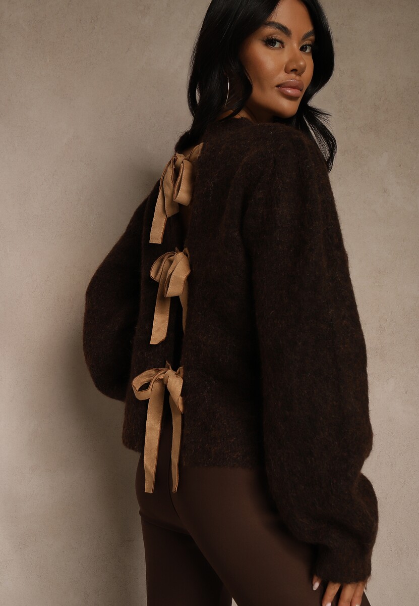 Brązowy Kardigan z Wełną Zdobiony Bufiastymi Rękawami i Wiązaniem na Plecach Tusfina