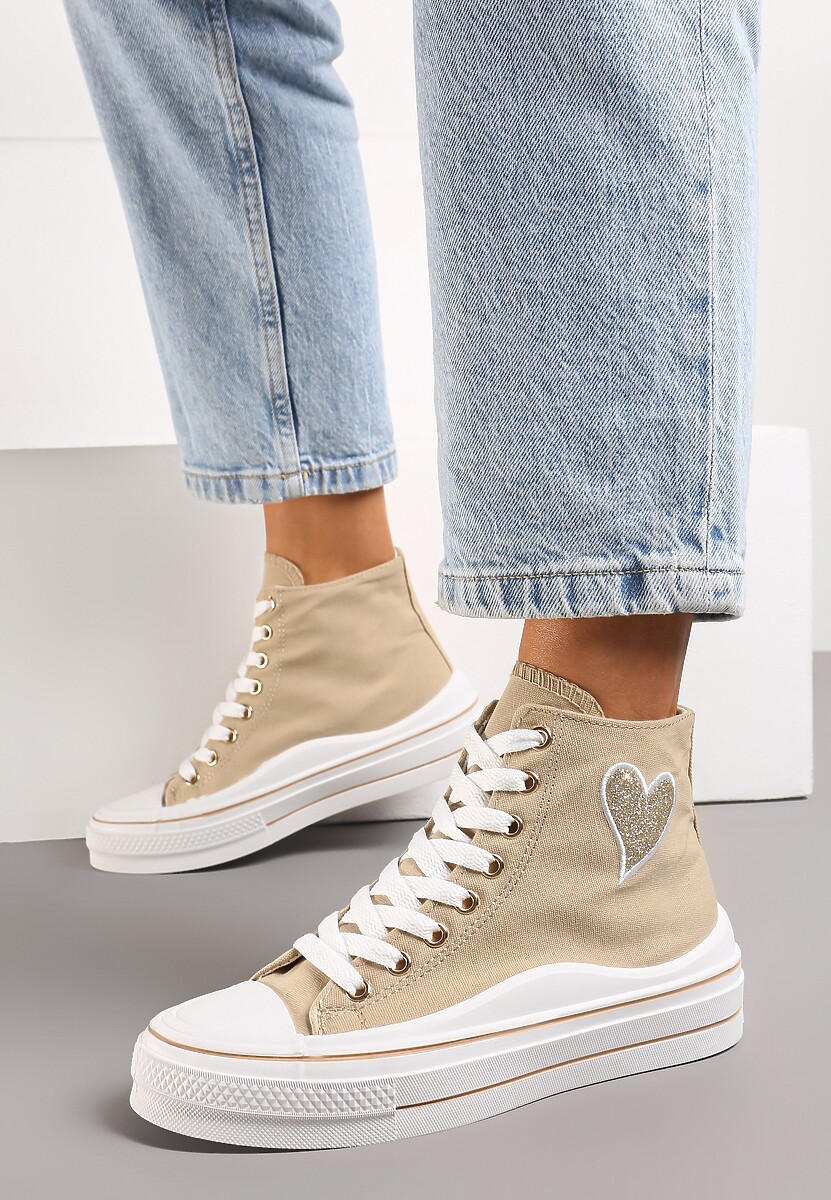 Ciemnobeżowe Trampki za Kostkę na Niskiej Platformie z Brokatową Ozdobą w Kształcie Serca Annexla