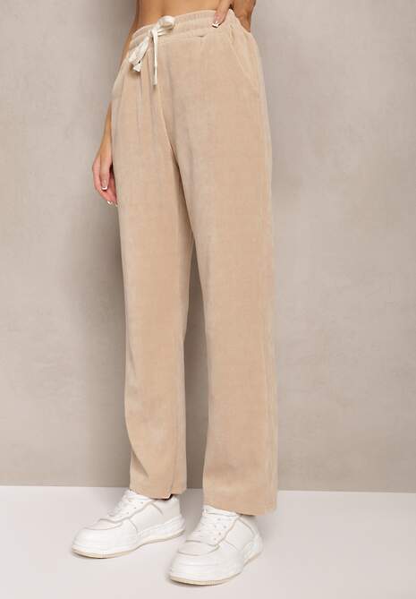 Jasnobeżowe Szerokie Spodnie Sztruksowe z Gumką w Pasie z Bawełny Ciriana
