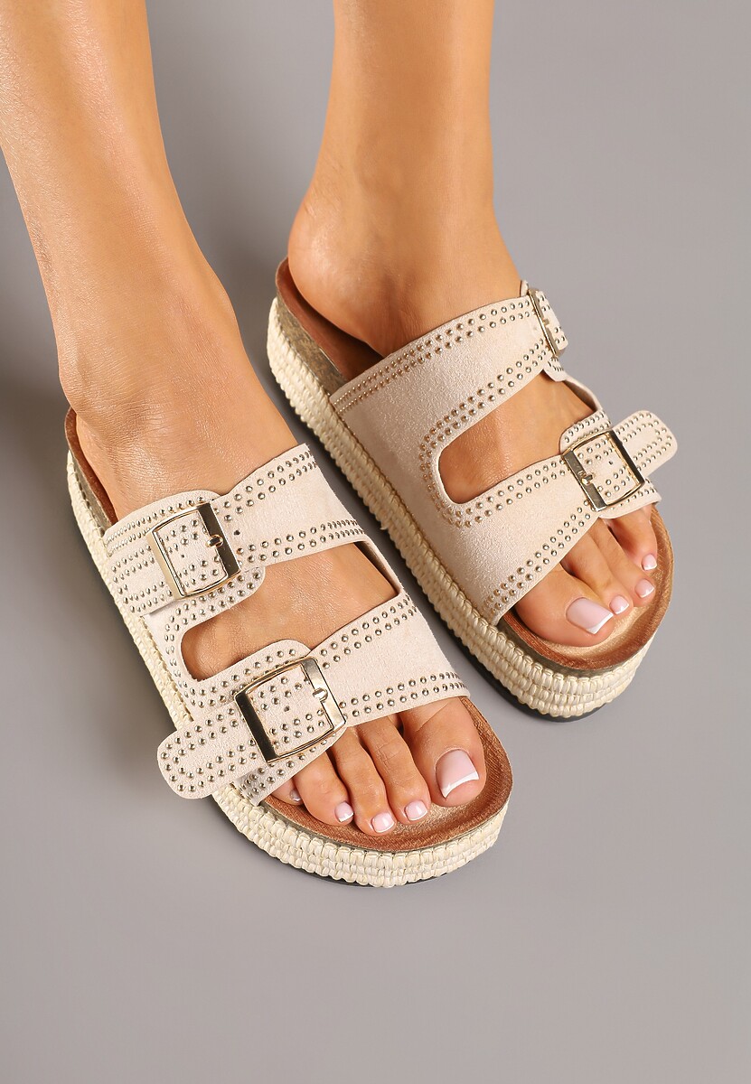 Beżowe Klapki z Regulowanymi Paskami na Grubej Podeszwie z Plecionką Udiriva