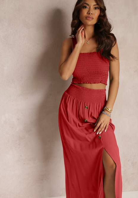 Czerwony 2-częściowy Bawełniany Komplet z Długą Spódnicą i Elastycznym Topem Diomastis