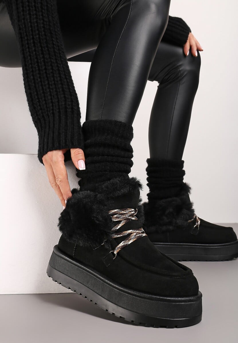 Czarne Futerkowe Śniegowce na Platformie ze Sznurowaniem Rienne