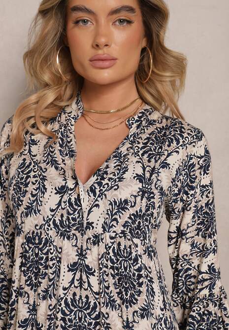 Granatowa Bawełniana Sukienka o Rozkloszowanym Kroju w Ornamentalny Print Laniwea