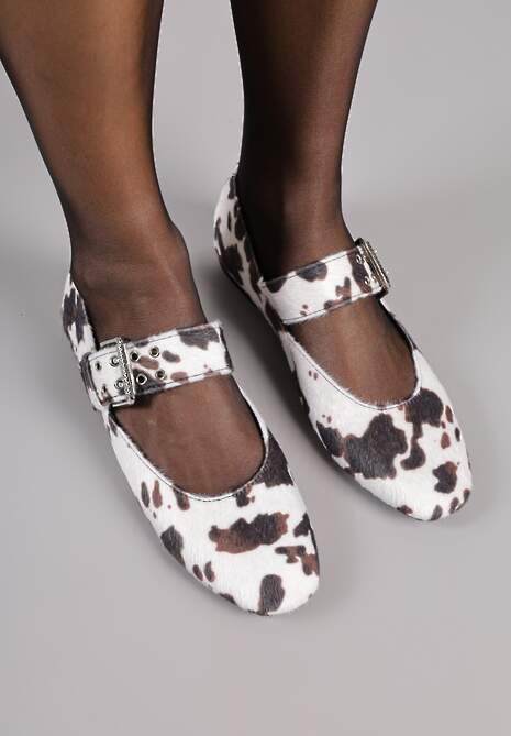 Brązowo-Białe Balerinki Vices w Krowie Łaty w Stylu Mary Jane ze Skórzaną Wkładką Rilaneia
