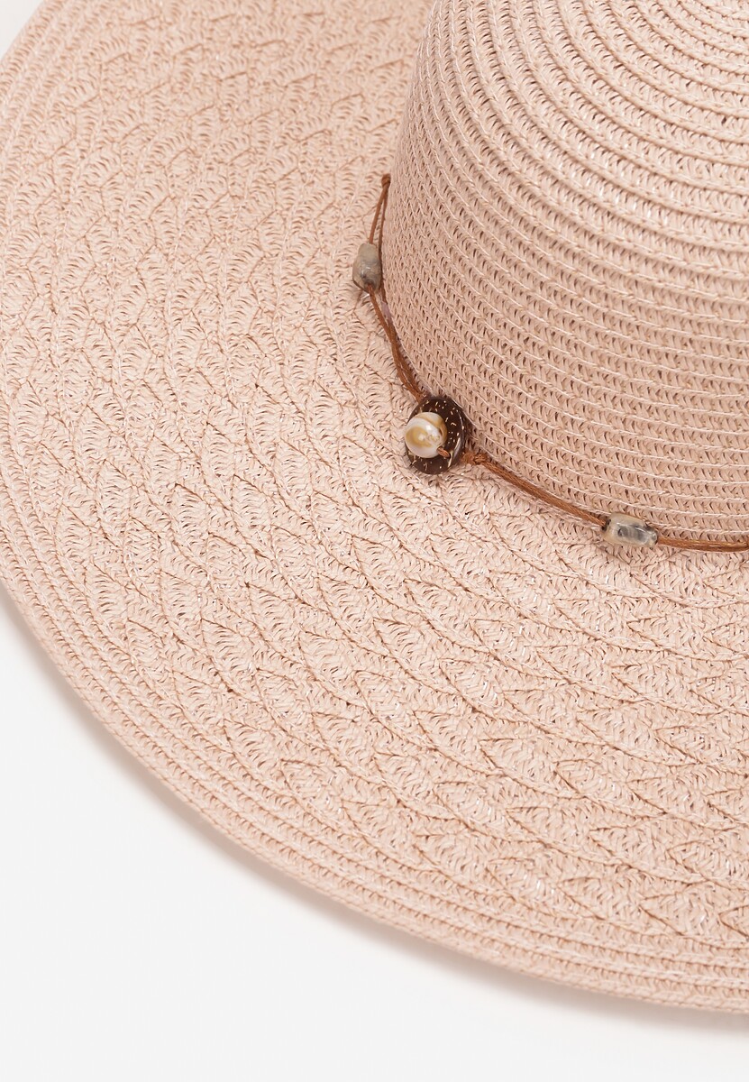 Różowy Szeroki Kapelusz Pleciony ze Sznurkiem z Kamyczkami Chira
