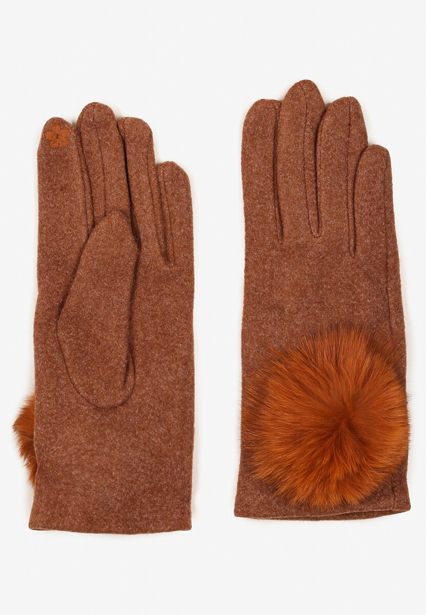 Brązowe Rękawiczki z Bawełną Ozdobione Futrzanym Pomponem Nadelina