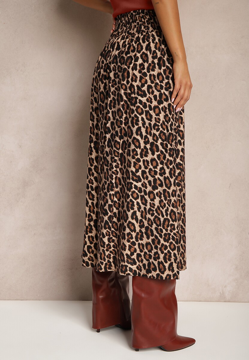 Beżowa Rozkloszowana Spódnica z Wiskozy w Panterkę High Waist z Gumką w Talii Vimashira