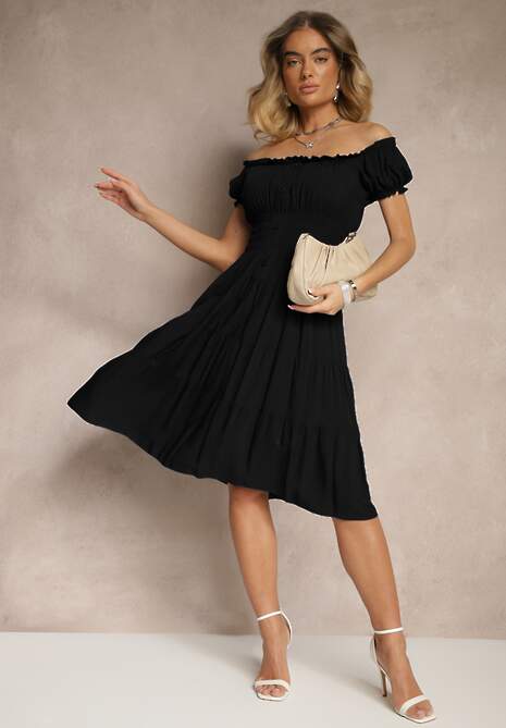 Czarna Sukienka Rozkloszowana z Bawełny z Bufiastymi Rękawami i Guzikami Anniliana