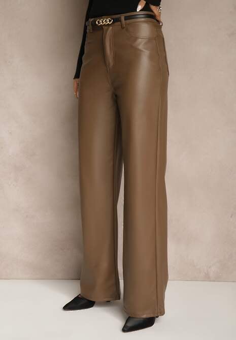 Jasnobrązowe Szerokie Spodnie High Waist z Imitacji Skóry Curbelo