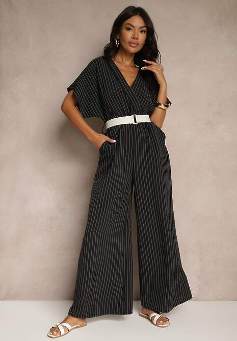 Czarny Kopertowy Kombinezon z Nietoperzowymi Rękawami i Paskiem Tollamira