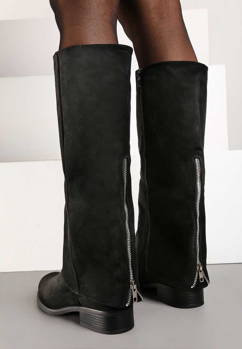 Czarne Ekozamszowe Kozaki na Płaskiej Podeszwie z Cholewką Imitującą Nogawkę Realeira