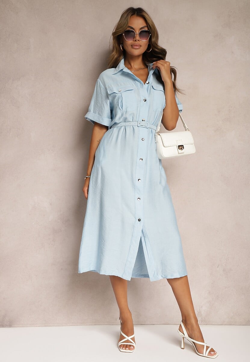 Niebieska Sukienka z Wiskozy o Kroju Koszulowym Ozdobiona Paskiem Nelsines