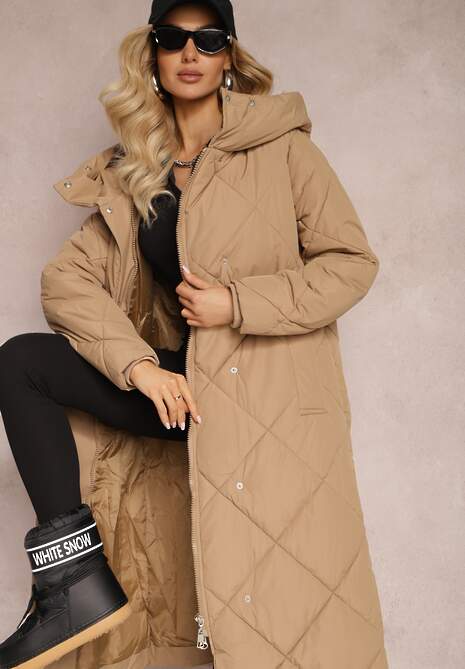 Ciemnobeżowa Pikowana Kurtka Płaszcz za Kolano z Kapturem Kinassan