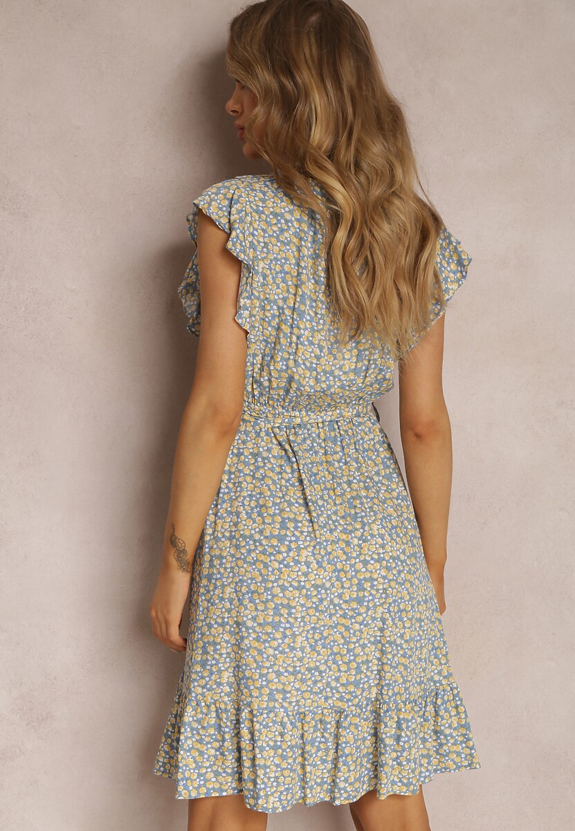 Niebiesko-Żółta Sukienka z Paskiem Althia