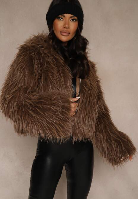 Brązowa Kurtka Futerko z Kapturem i Zapięciem na Suwak Zetora