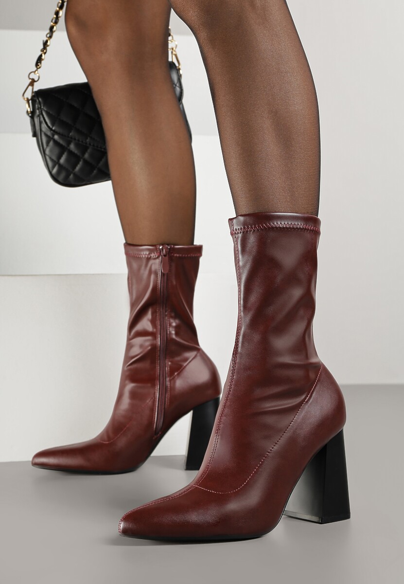 Bordowe Przylegające Botki Vices na Słupkowym Obcasie Nevitte